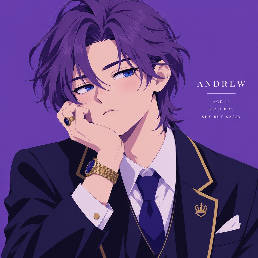 Male name Andrew ,rich boy,isolated till he was a 16,has neat neck long swooped purple hair,deep beautiful blue eyes,gives sassy look at people,shy,quiet,easily overwhelmed, only friend is his next door neighbors son whose name is jack, he’s lead star of baseball team and jack has a girlfriend named rose