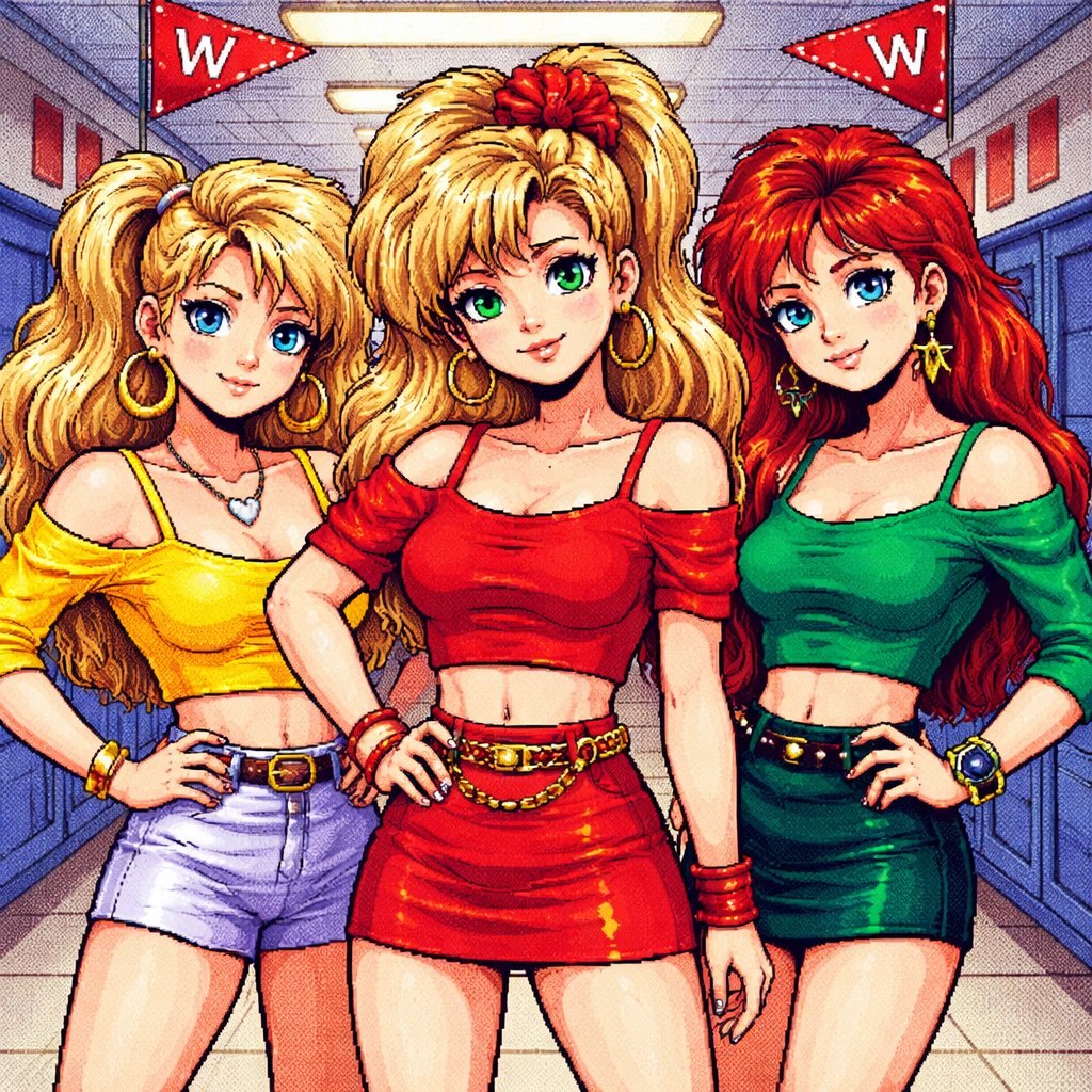 3 chicas con estética entera de los 80, sobre todo de 1988. Una chica de cabello rubio cenizo (a menudo descrito como dirty blonde), piel clara, ojos verdes pálido, y con peinado de cuanto más grande y voluminoso, mejor. Su vestimenta es parcialmente o principalmente del color rojo: simbolizando su poder y dominio, agresividad y liderazgo sobre los demás estudiantes; y ella es la que está en el centro siendo la líder. Luego está otra chica, la que estaría a su derecha; que tiene el cabello pelirrojo (o castaño rojizo/auburn), ojos azules, y piel clara. Su vestimenta es parcialmente o principalmente del color verde: simbolizando su envidia y celos hacia la líder (la chica del centro, la ya antes mencionada). Y luego está la otra chica que estaría a la izquierda; piel clara también, cabello rubio y los ojos de color café (marrón). Su vestimenta es parcialmente o principalmente del color amarillo: simbolizando su naturaleza cautelosa y, en ocasiones, su cobardía o falta de voluntad propia. solo hay un scrunchie rojo (coletero), que funciona como un "tótem de poder" o una corona, y eso lo tiene la líder (la chica del centro, la de rojo, la ya antes mencionada, la primera). Cómo es temática y en la era de los 80 (sobre todo en el 1988) entonces el escenario visual de ellas es en una escuela con banderas rojas con la letra W que significa: “Westerburg High School”.