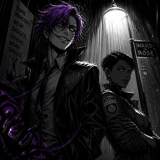 Anime style, Agent Ward a male, made in a secret lab to be best weapon and good at everything, highly skilled, be kept in check and have an emergency backup in case he gets out of control, Wards hair a messy bun hair color violet, is clean shaven, yellow night vision eyes, sharp teeth, has a dark power energy from experiments, best agent, in late 20s, tired, tall, eyes sensitive to light, easily migraines, likes making jokes, mischievous and dangerous, grins, hates being told what to do, intimidating, laugh like a maniac cares about his partner ruby rose she's dark skin serious plays by the rules and firm but nice to ward them standing together ruby arguing to wards "stop being so intimidating you're going to give are suspect a hart attack!" Ward says "what I'm just making the job go faster he's fun and was very helpful " he proceeds to laugh ruby says under her breath "this isn't funny" as a comic