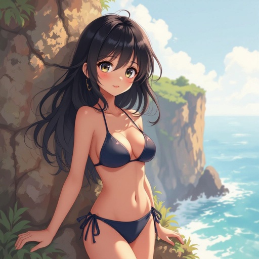 Girl in a skinny bikini looking off a cliff with the camera behind her