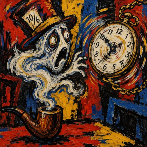 A ghost coming out of a tobacco pipe like smoke  with the mad hatter hat on is checking his pocket watch that is going crazy