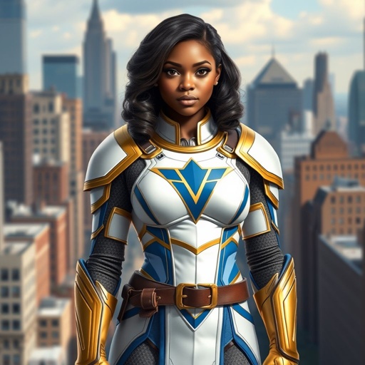 A teenage African American female superhero with slightly curly hair in a shoulder length side part style wearing a slightly medievally armored white and Gold suit with blue accents and a stylized V as her chest emblem a utility belt and gold boots standing in Philadelphia