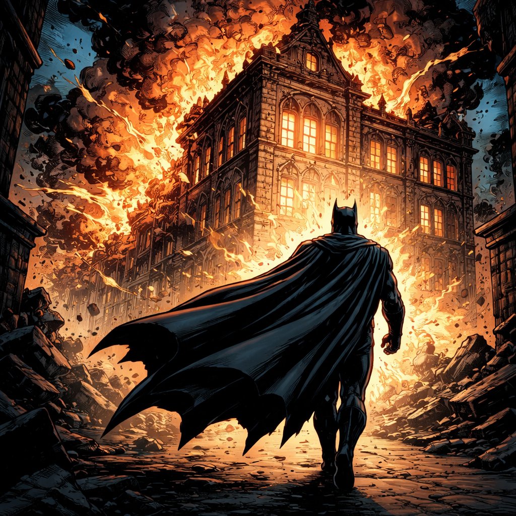 Realistic refined, no speech bubbles. it is dark Knight, an old-fashioned building explodes we see a tiny finger in a black robe, leaving the scene, mysterious atmosphere.