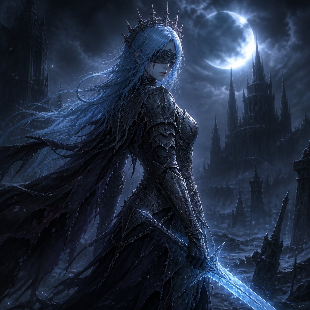 moon blindfold light blue hair ice sword