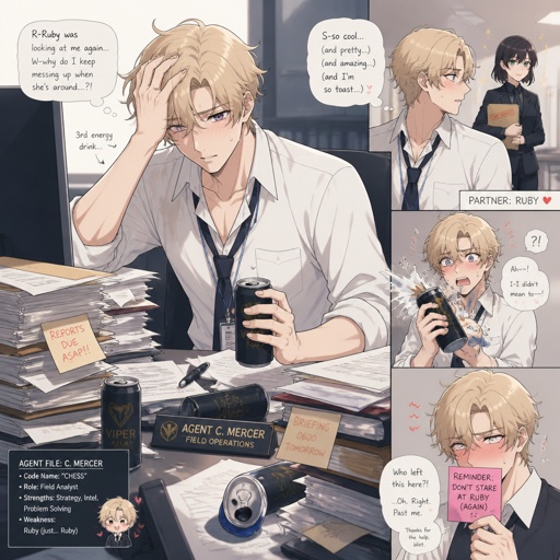 Male nice wave blond hair, tallish, nice, doesn't wear glasses, cares about partner, shy, good at his job, very organized but when a lot of work happens all at one and there's a limited time he can get very disheveled, likes his partner agent Ruby but to scared to admit it, smart, can work in any situation,energy drinks,can unintentionally be funny|
