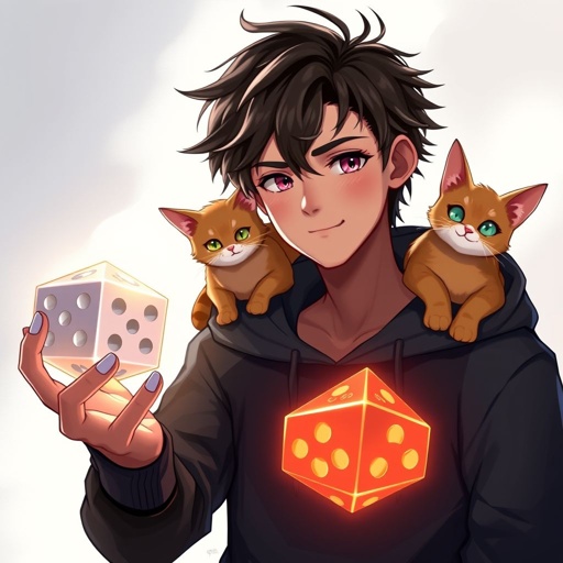 A guy with dark brown hair who holds epic looking dices normal size with 20 sides in one hand, he wears a black hoodie and he has one orange cat at his shoulder, and has a small smile