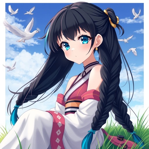 A young female with fair skin and vibrant teal eyes. Black hair with cyan tips in the form of two long braids. Wearing a two-piece goddess outfit (specifically top and trousers exposing a small amount of stomach) sitting on a hill watching pigeons fly from a very far distance