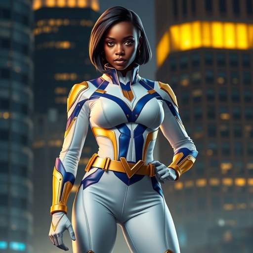 African American female superhero with hair  in a shoulder length side part hairstyle with pure Gold Glowing eyes wearing a white suit with gold and royal blue  with white pants and gold knee length boots with a utility belt with a gold V  as her chest emblem in Philadelphia 