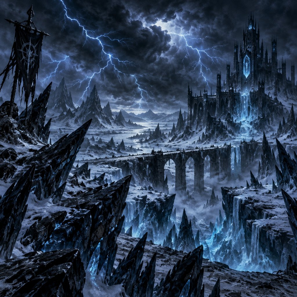blue lightning storm in a ice waste land
