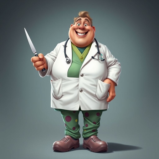 .. create a fat doctor. Who is funny human looking from head to toe. And he always immediately results to surgery for anything even small things. So please be sure to show his whole outfit head to toe. Make him have 1 tooth. Make it more adult humor instead of cartoon humor.