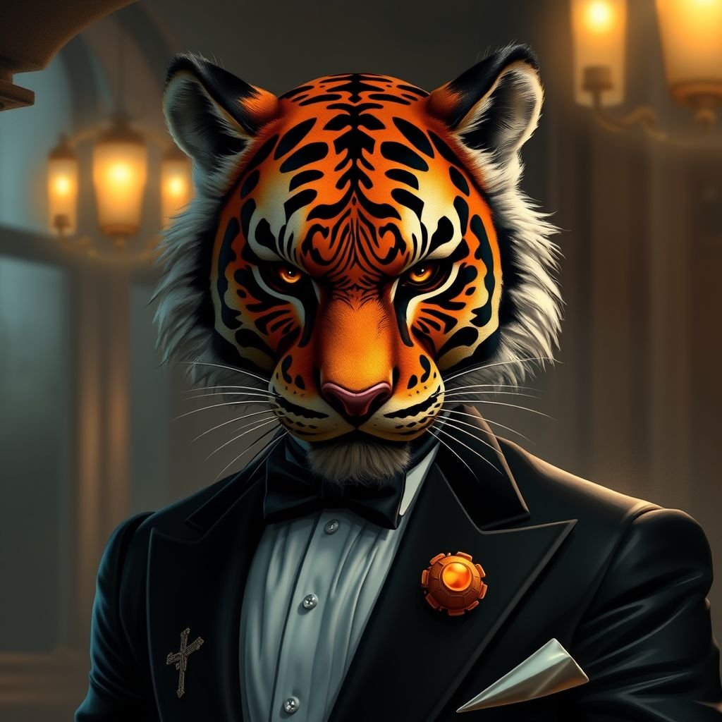 A man in a black tux with a tiger mask on