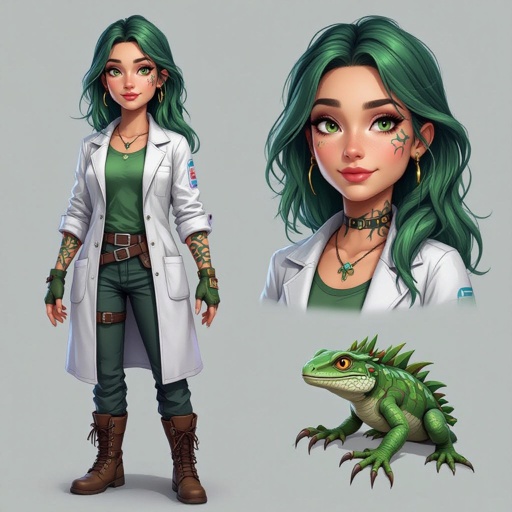 She is a woman that lives in the biotechnology faction of a RPG world. She’s 24 years old, is a scientist that uses herself as testing, had biochemistry tattoos and greenish hair. Her style has traces of punk but she has a kind face and her hair is long. She uses a lab coat, shirt, pants and boots. One of her arms is full of lizard scales and claws