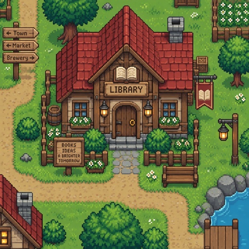 Village small cute library wood for a modern fantasy game, exterior, top down style