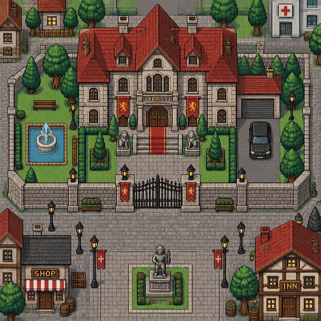Mansion for a fantasy game set in modern times village, exterior, top down style