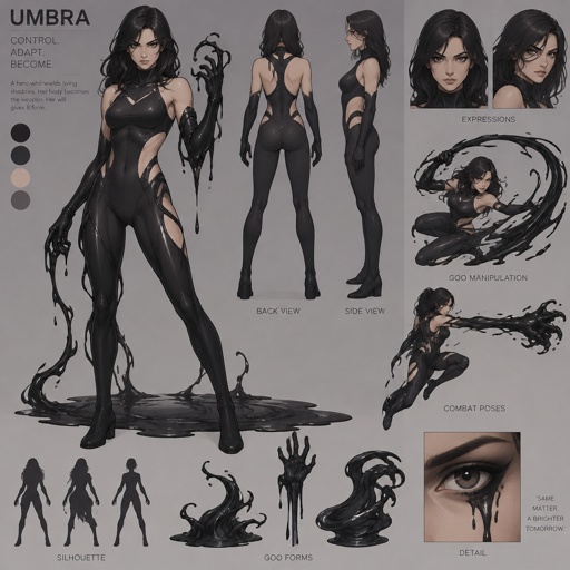 Female Superhero with black goo abilities, simple costume