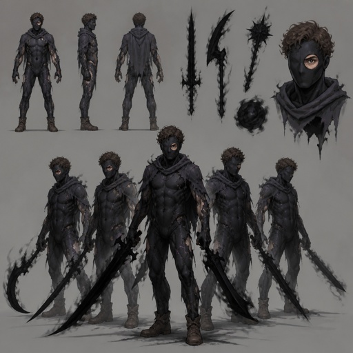 Male superhero with darkness solidification, ragged , weapons made of shadows, mask covers whole face except one eye,curly brown hair, cracks, middle aged, multiple of the same character 