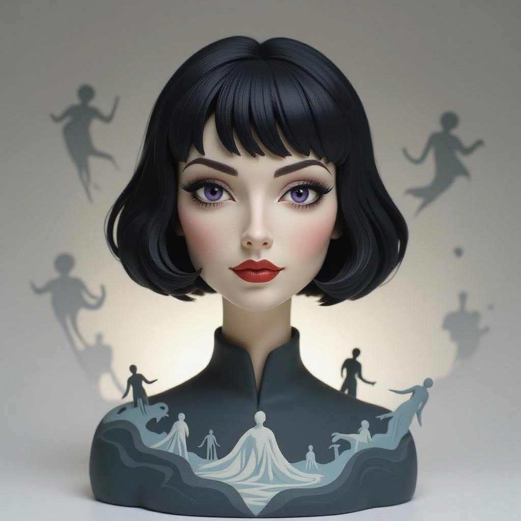 Show her shoes. Create mysterious woman jet-black hair is cut sharp to her jawline, and her violet eyes seem to pierce through darkness. A shadowy aura clings to her form, faint shapes shifting and flickering behind her like whispers of another realm. Show whole body head to toe