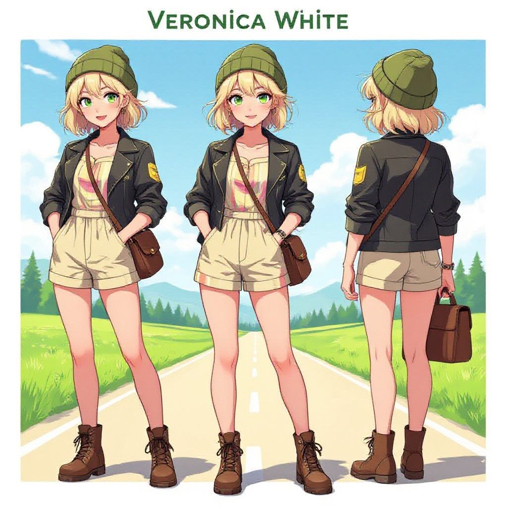 Full-body illustration of Veronica White in a bright, semi-realistic anime-inspired art style consistent with Wolfey’s image. She stands confidently on a sunny travel route surrounded by grass, trees, and distant hills under a clear blue sky. Veronica is a cheerful young woman with a short blonde bob and green eyes, wearing an olive beanie, a beige romper with subtle pink and yellow stripes, a black jacket, a brown satchel slung across her shoulder, and black lace-up boots. Her proportions follow the 8-heads human anatomy rule with natural posture and expressive warmth. Lighting is daylight, vibrant, and adventure-themed.