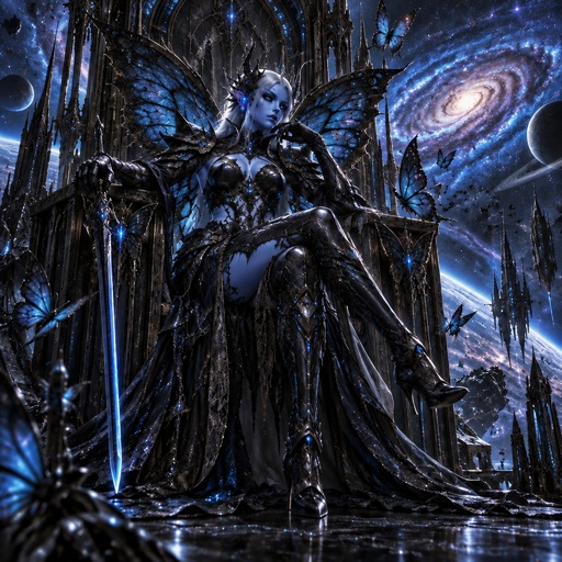 a woman sitting on a throne with a sword in her hand