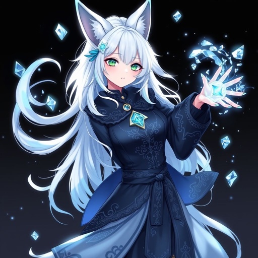 A pale teenage girl. Hair as white as snow with cyan tips, emerald eyes and small fox ears wearing mystic royal black top and trousers conducting ice (Russian themed)