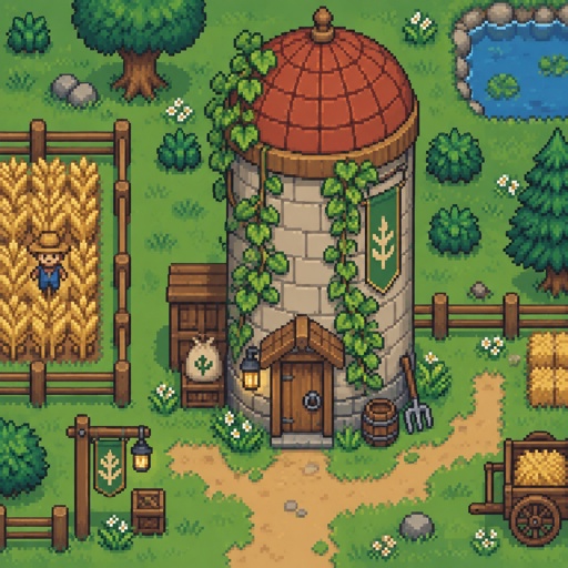 cozy silo vines for a modern fantasy game, exterior, top down style