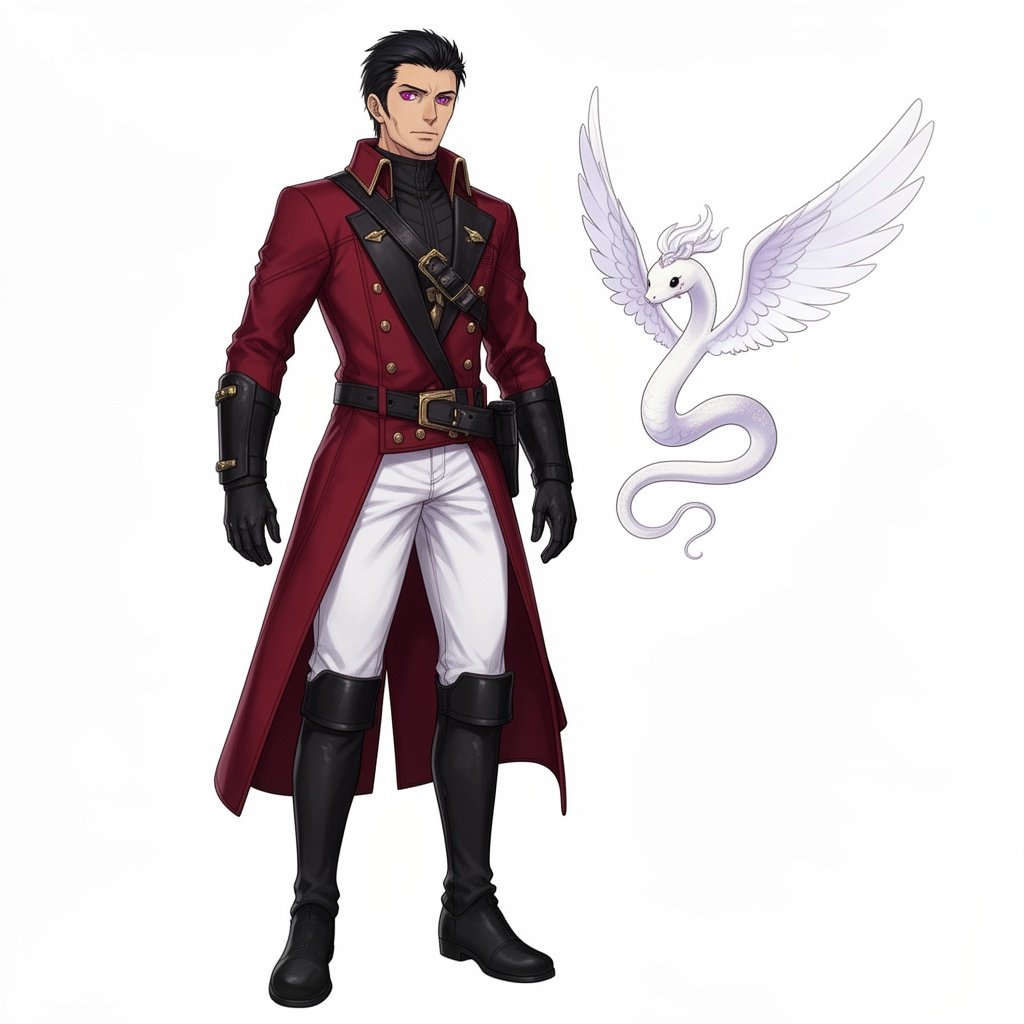 DnD, adult human man, mature, tall, black short hair, Fuchsia purple eyes, white pants, black boots, black armor, red double breasted greatcoat, gold buttons, black belts,
tiny friendly elegant white winged snake flying next to him