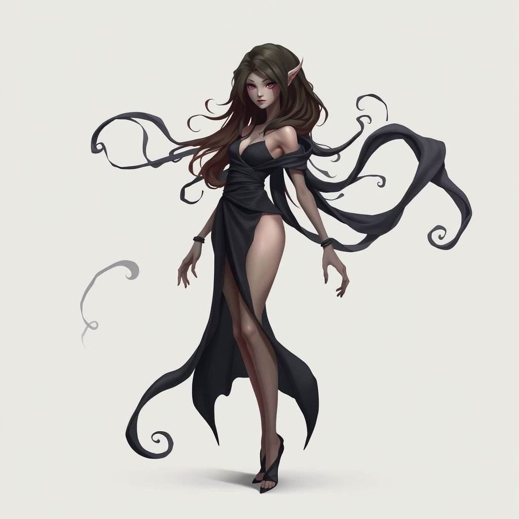 Create character hero Veyra of Shadows – A lithe, mysterious woman draped in layered black silks that move like smoke around her. With jet-black hair. Show her whole body head to toe including her shoes.