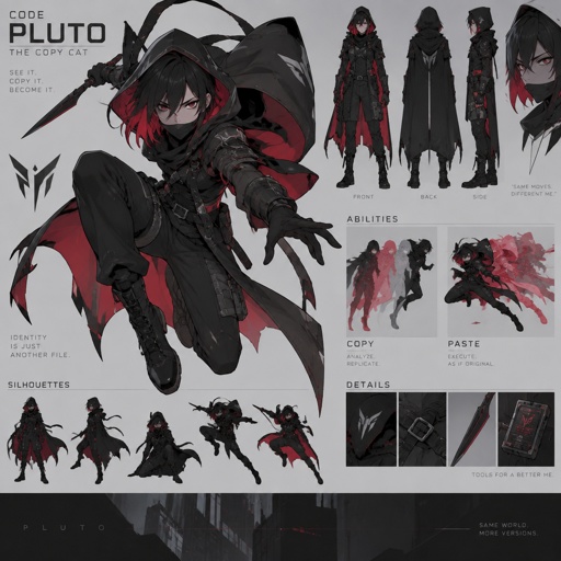 shadow assassin name code pluto the copy cat, copy and paste ability, black hair red on the inside