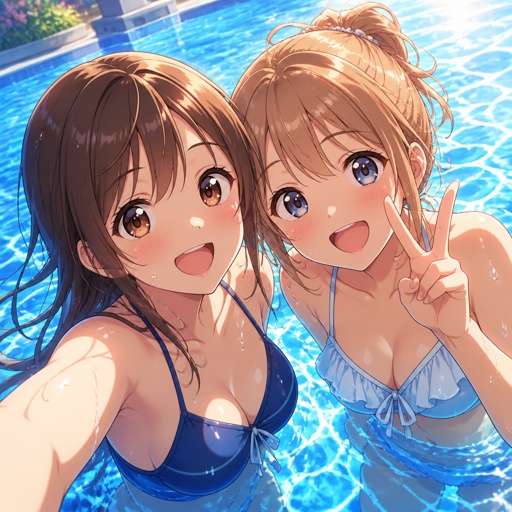Zwei beste Freunde, die im Pool zusammen sind die eine hat braune Haare und die andere hat hell braune Haare