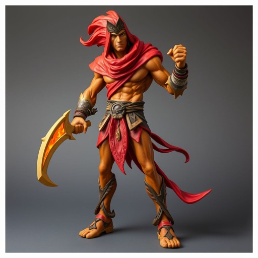 Create handsome hero Rhen the Fire – A lean, muscular man. He wears layered, flowing desert robes dyed in warm reds and golds, with scorch marks where flames have licked them. A curved blade hangs at his hip. Show whole body head to toe including her shoes.
