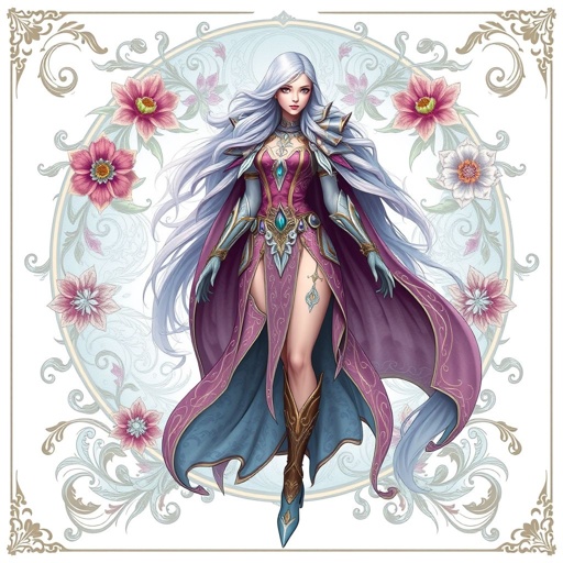 Create a battle woman hero called Alvara the Frostheart. Show full body head to toe including shoes