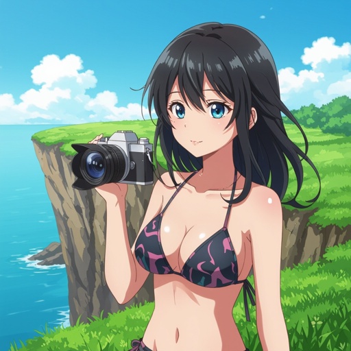 Girl in a bikini looking off a cliff with the camera positioned behind her