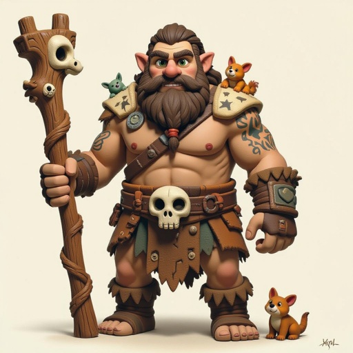 Kael the Beastbound – A rugged, broad-shouldered man with tanned skin and a rough beard, wearing armor made from bone and leather. deep green eyes tattoos of animal tracks spiral down his arms. He carries a massive wooden staff carved with the shapes of beasts, and small creatures often perch on his shoulders or follow at his feet.