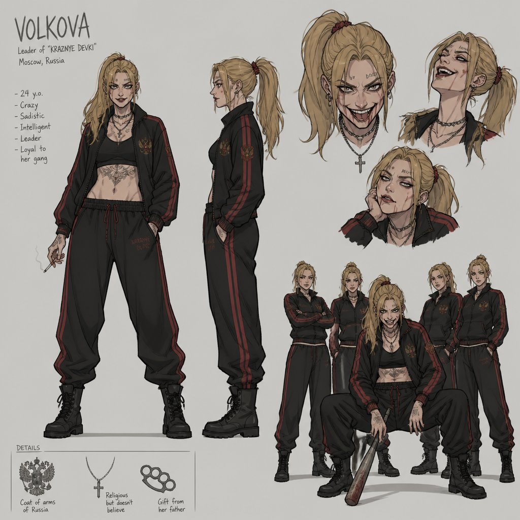 Female Villian, side ponytail, Russian , crazy, gang, multiple of the same character