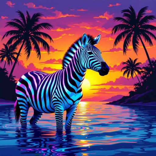 Neon zebra with the ocean in the background and a beautiful sunset and palm trees 