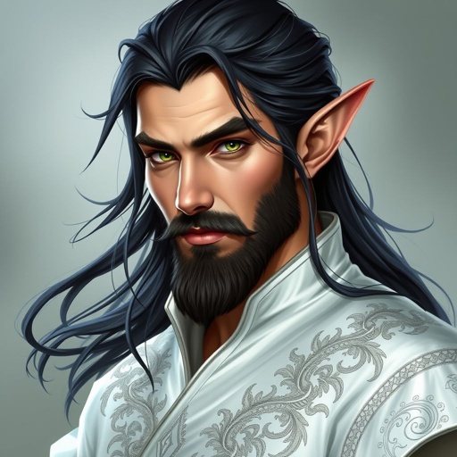 A man who a elf in his 30s wearing white with black hair with beard