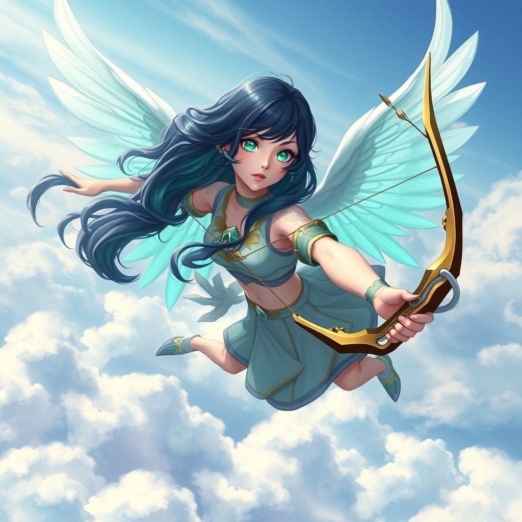 A teenage girl. Pale skin, glowing emerald eyes, angelic wings and a two-piece heavenly clothing. Hair as black as coal with cyan tips holding a bow and arrow flying above the clouds