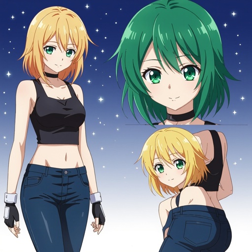 Green hair, blonde bangs, green eyes, black sleeveless top, midnight blue Jeans and white fingerless gloves