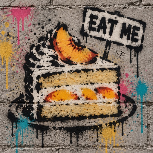 Slice of vanilla peach cake with a sign that says eat me 