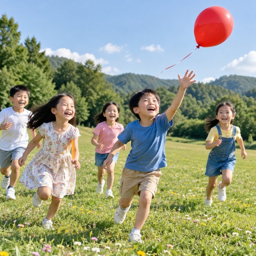 A group of young very happy chinese boys and girls chasing a balloon it’s red on a grassy field with lovely flowers on a bright sunny day