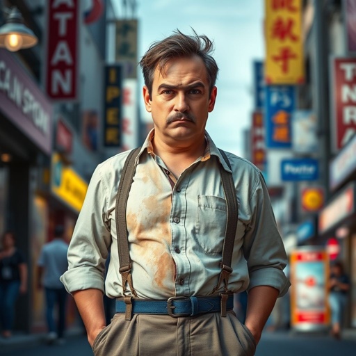Create a funny looking serious man in the world, with a not so stylish outfit head to toe