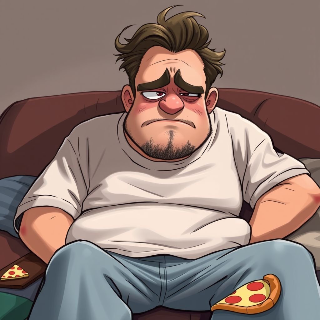 Create mid 30 character who is lazy as heck. And you could tell from his face and his entire outfit. Make is funny and the style of the graphic photographic