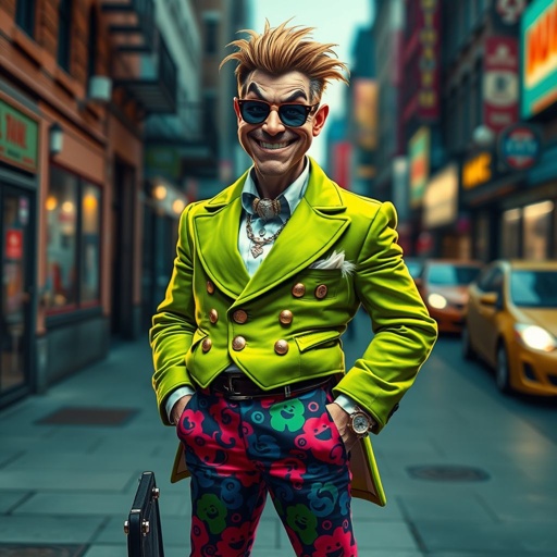 Create a funny arrogant character , showing him head to toe like his whole outfit 