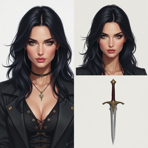 Show character head to toe. Create a mid age fantasy woman jet-black hair is cut sharpand her eyes seem to pierce through darkness. A shadowy aura clings to her form,