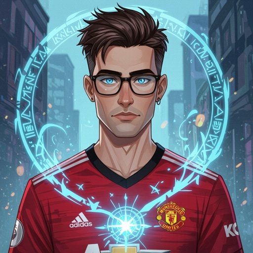 Mężczyzna o krótkich, ciemnobrązowych, włosach. bez zarostu.  niebieskie oczy. Ubrany w koszulkę piłkarską manchaster united. Duże okulary z szerokimi oprawkami.  Bez Kolczyków. Podłużna twarz. Wysokie czoło, wąskie usta 