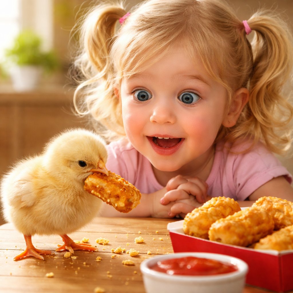 Chicken eaten a chicken nugget in front of a blonde 3 year old girl