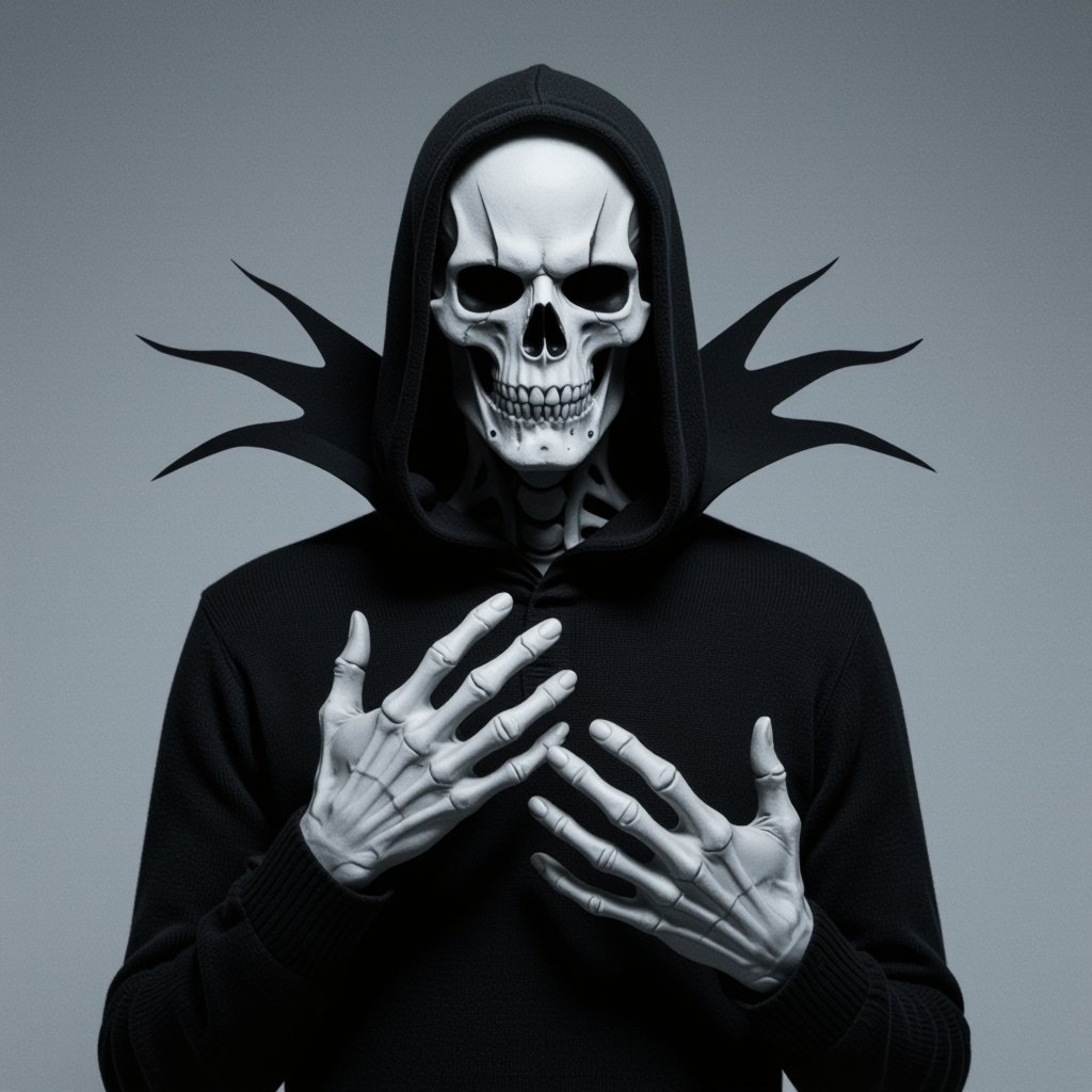 A tall, shadowy figure with a gaunt, skeletal build. His “skin” is bone-white, but his face is strangely blank — hollow black eyes and a wide, unsettling carved into his skull-like head. He usually wears a dark sweater that makes him look more like a silhouette than a person. His hands are gloved, long-fingered, and pale, sometimes drawn with holes through them, giving him an incomplete or fractured look.
