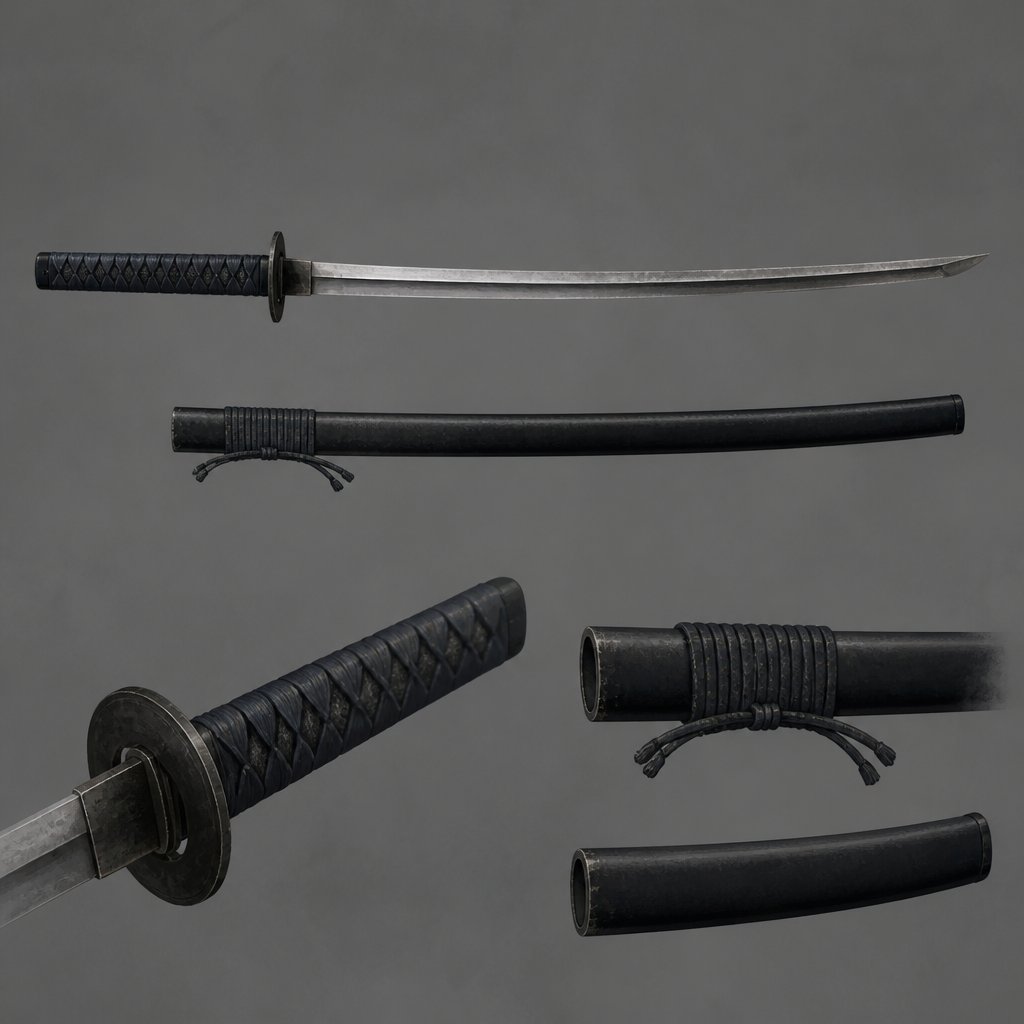 Basic looking katana with dark blue handle with weathered black wrapping and pitch black sheath with no one holding