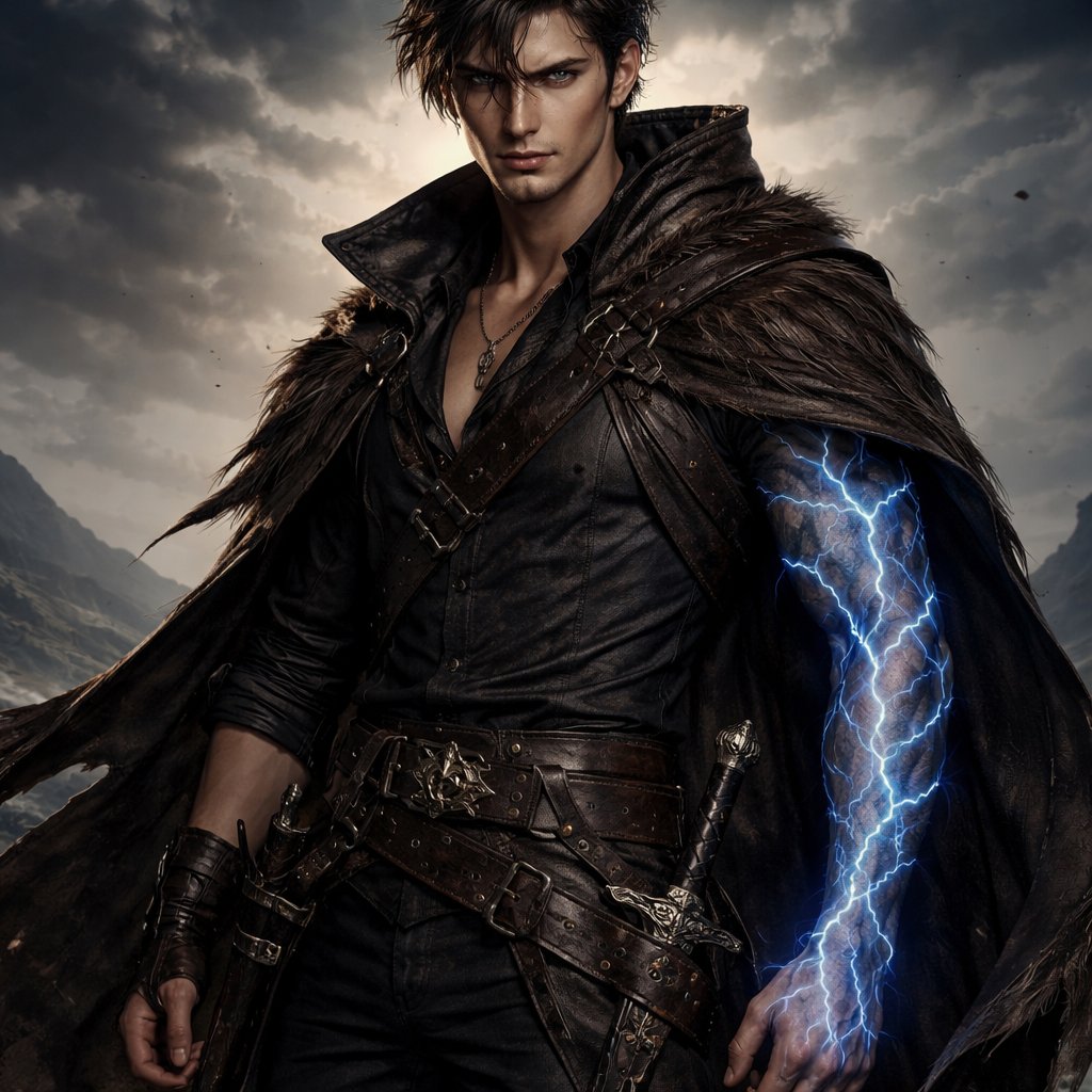 6’5, grey eyes, blacky brown hair, old fashioned fantasy style clothes, a mix of Kai Azer and Xaden Riorson, lighting sleeve tattoos on his left arm, muscular