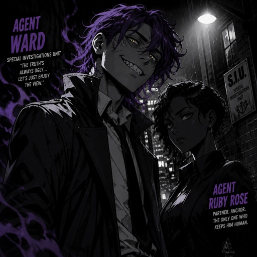 Anime style, Agent Ward a male, made in a secret lab to be best weapon and good at everything, highly skilled,be kept in check and have an emergency backup in case he gets out of control, Wards hair a messy bun hair color violet, is clean shaven, yellow night vision eyes, sharp teeth,has a dark power energy from experiments,best agent, in late 20s, tired, tall, eyes sensitive to light, easily migraines, likes making jokes, mischievous and dangerous,grins, hates being told what to do, intimidating, laugh like a maniac cares about his partner ruby rose she's dark skin serious plays by the rules and firm but nice to ward them standing together ruby arguing to wards “stop being so intimidating you’re going to give are suspect a hart attack!” Ward says “what I’m just making the job go faster he’s fun and was very helpful “ he proceeds to laugh ruby says under her breath “this isn’t funny” as a comic 